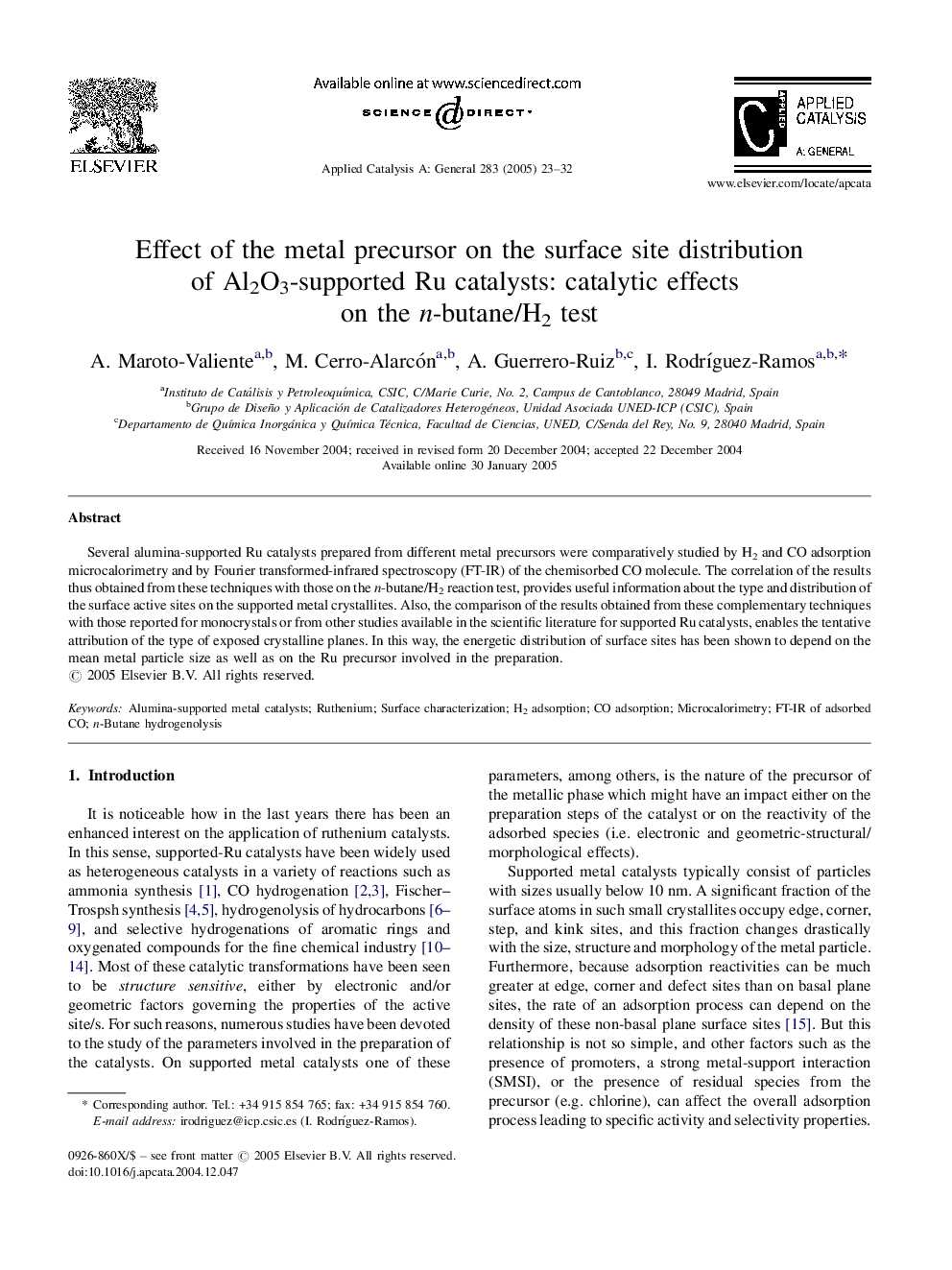 Effect of the metal precursor on the surface site distribution of Al2O3-supported Ru catalysts: catalytic effects on the n-butane/H2 test