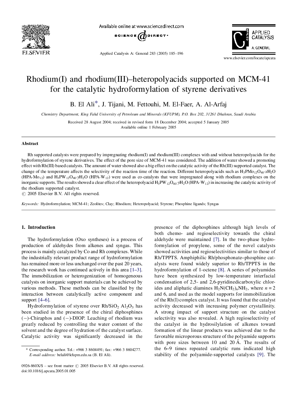 Rhodium(I) and rhodium(III)-heteropolyacids supported on MCM-41 for the catalytic hydroformylation of styrene derivatives