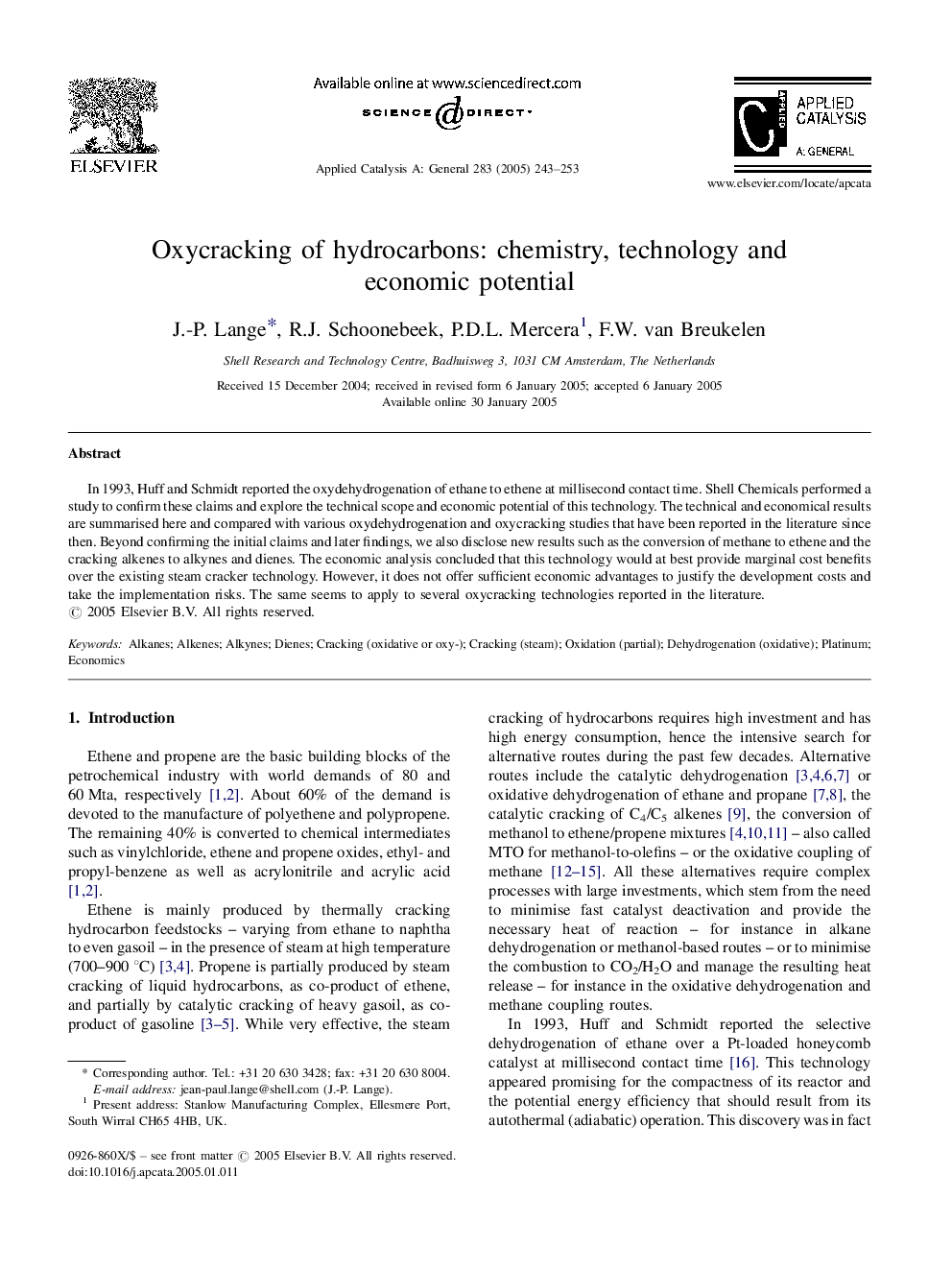 Oxycracking of hydrocarbons: chemistry, technology and economic potential