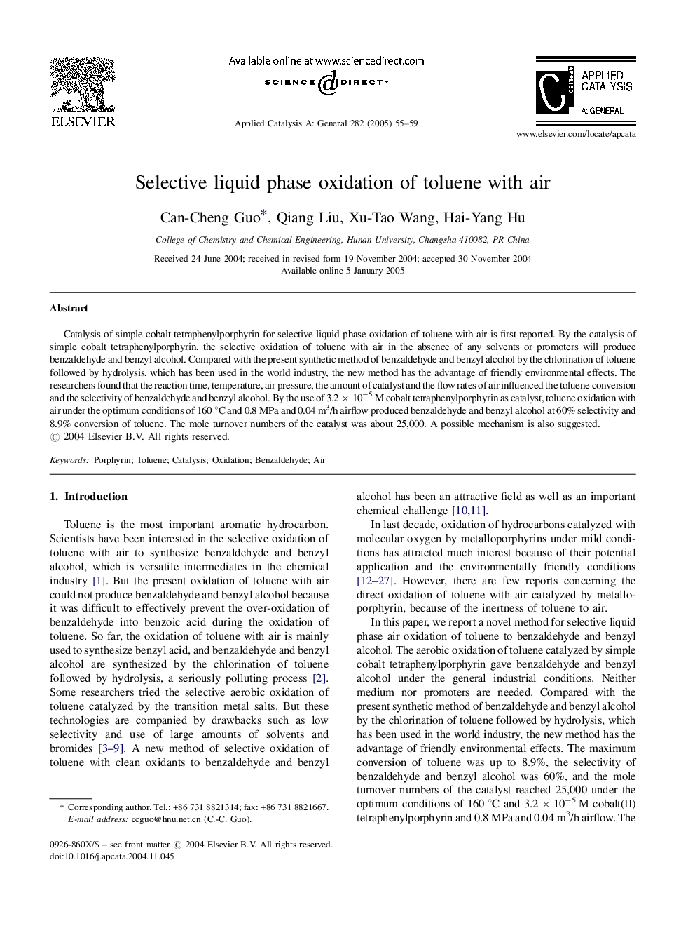 Selective liquid phase oxidation of toluene with air