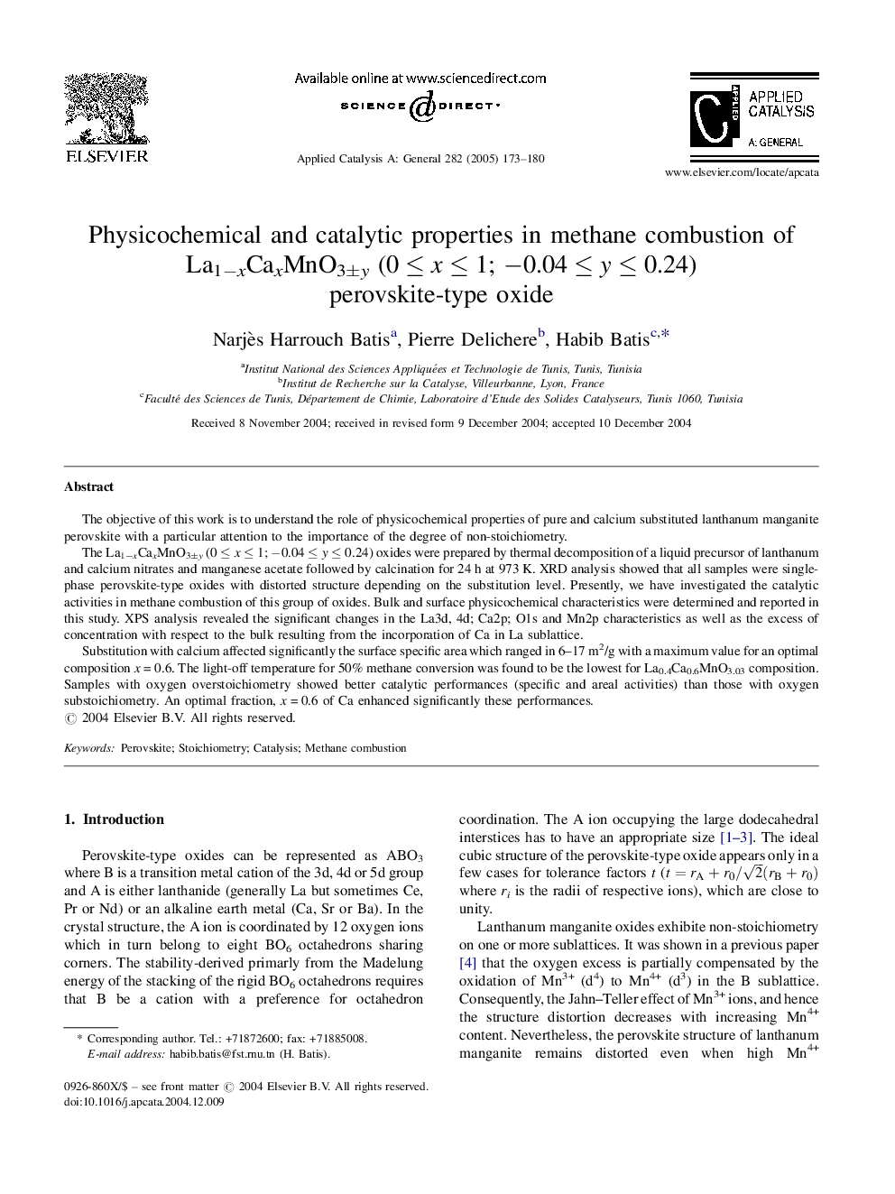 Physicochemical and catalytic properties in methane combustion of La1âxCaxMnO3Â±y (0Â â¤Â xÂ â¤Â 1; â0.04Â â¤Â yÂ â¤Â 0.24) perovskite-type oxide