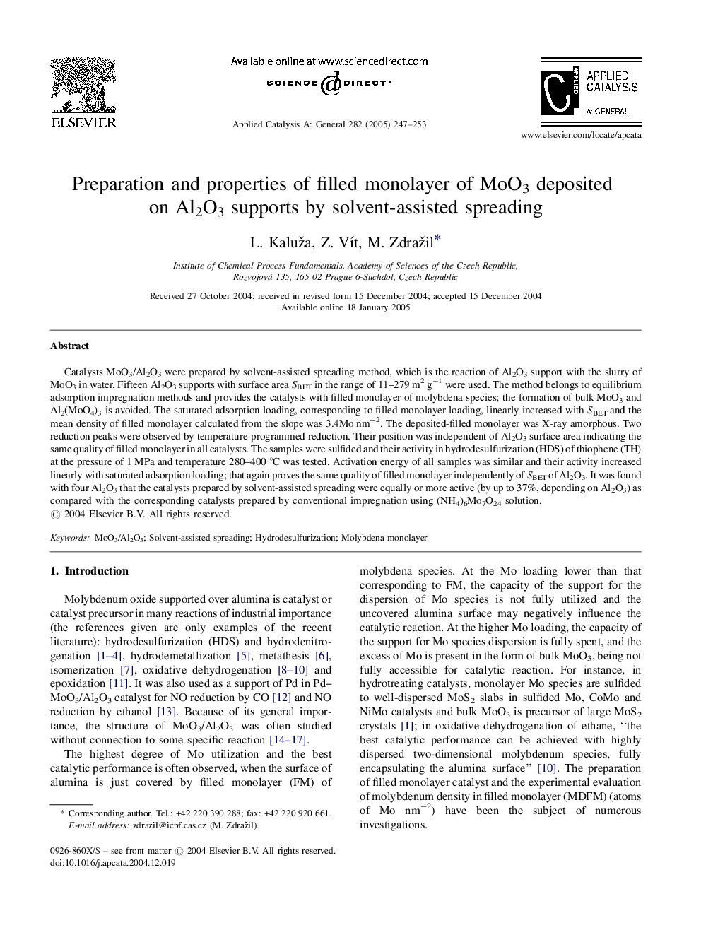 Preparation and properties of filled monolayer of MoO3 deposited on Al2O3 supports by solvent-assisted spreading