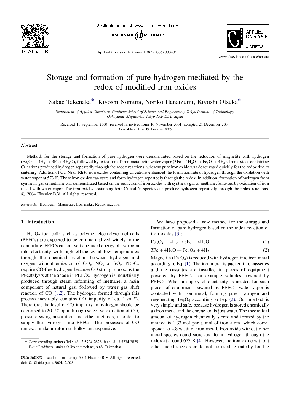 Storage and formation of pure hydrogen mediated by the redox of modified iron oxides