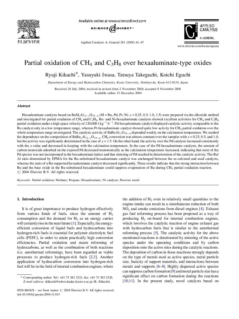 Partial oxidation of CH4 and C3H8 over hexaaluminate-type oxides
