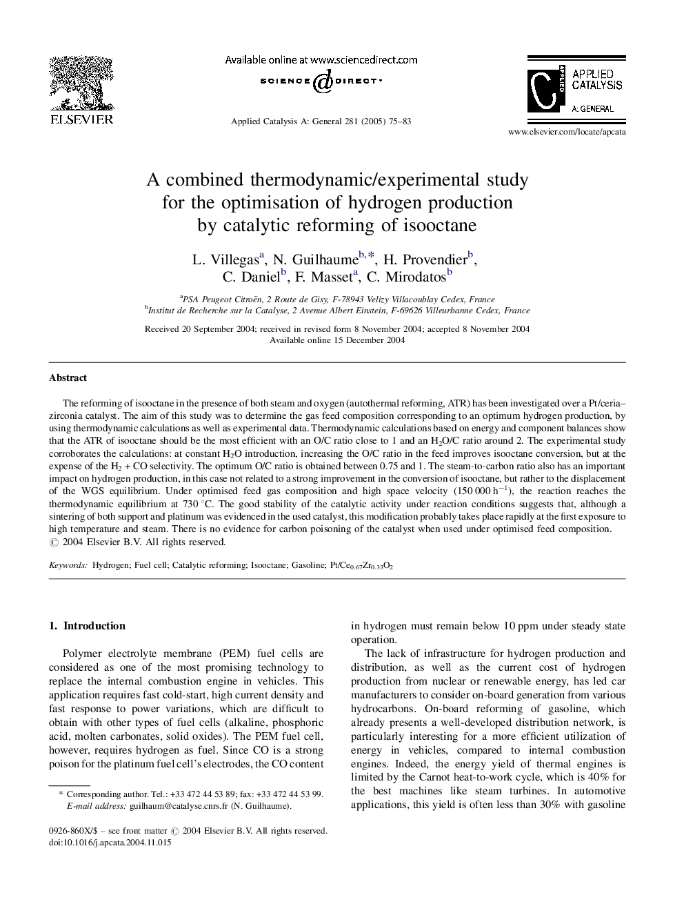 A combined thermodynamic/experimental study for the optimisation of hydrogen production by catalytic reforming of isooctane