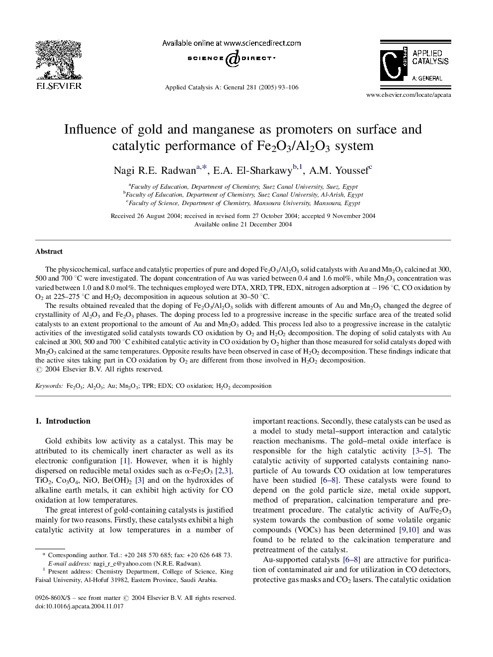 Influence of gold and manganese as promoters on surface and catalytic performance of Fe2O3/Al2O3 system