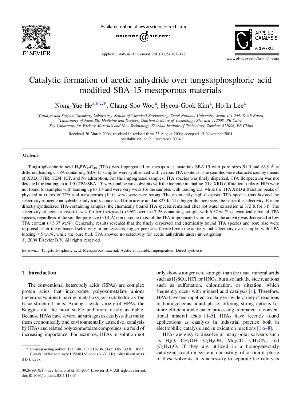 Catalytic formation of acetic anhydride over tungstophosphoric acid modified SBA-15 mesoporous materials