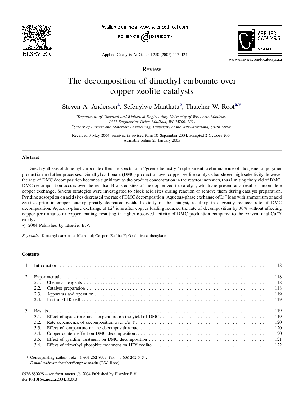 The decomposition of dimethyl carbonate over copper zeolite catalysts