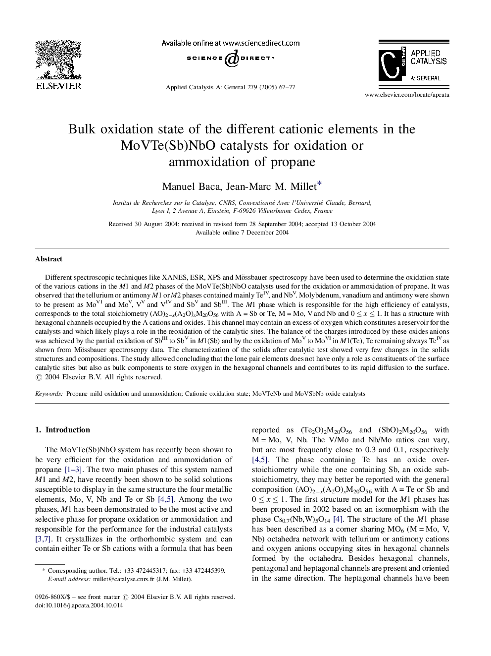 Bulk oxidation state of the different cationic elements in the MoVTe(Sb)NbO catalysts for oxidation or ammoxidation of propane