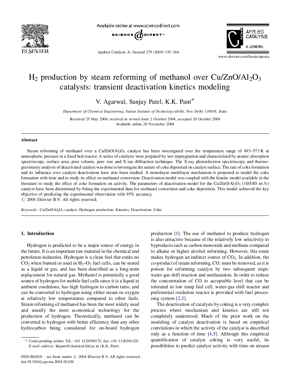 H2 production by steam reforming of methanol over Cu/ZnO/Al2O3 catalysts: transient deactivation kinetics modeling