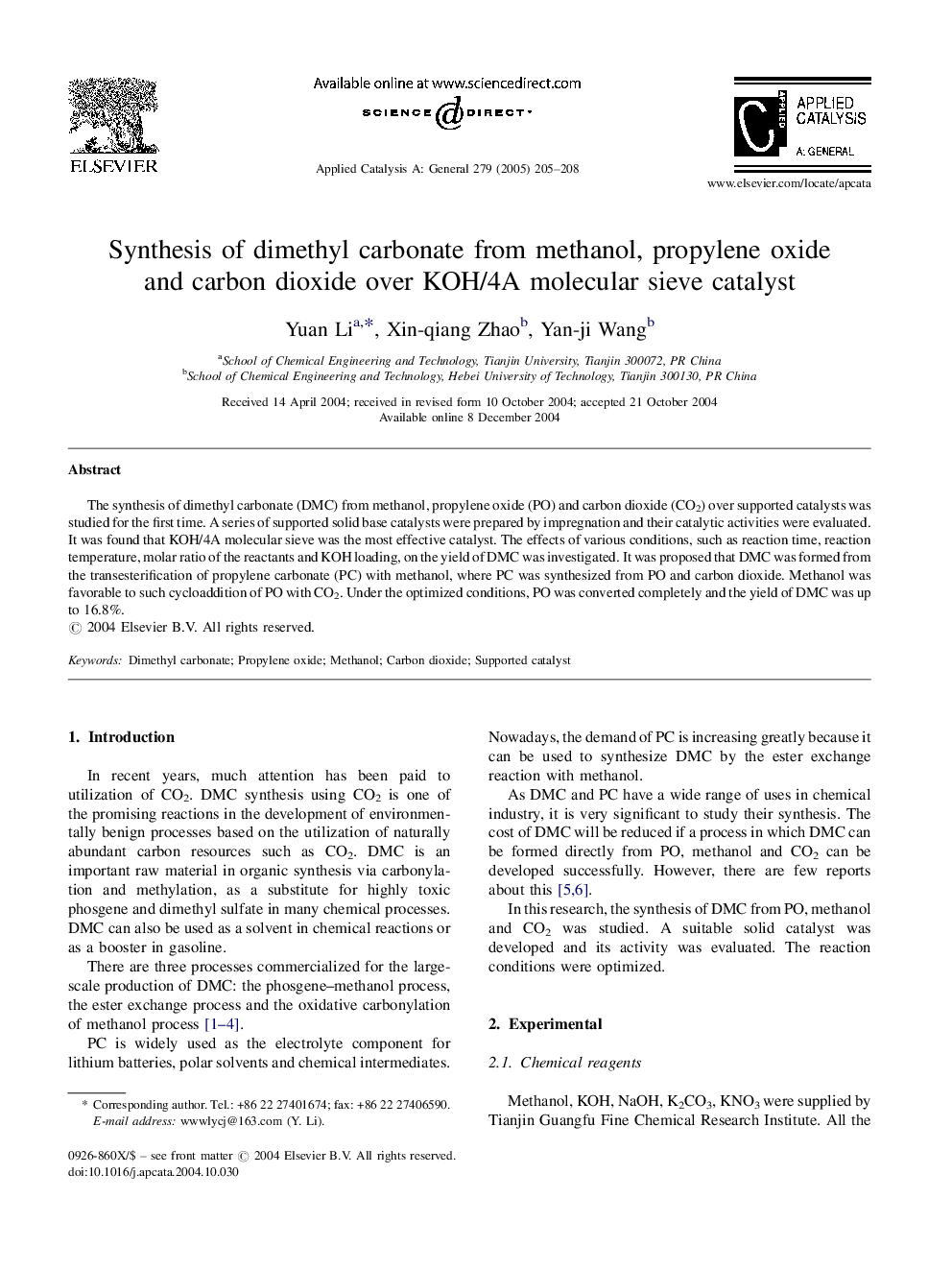 Synthesis of dimethyl carbonate from methanol, propylene oxide and carbon dioxide over KOH/4A molecular sieve catalyst