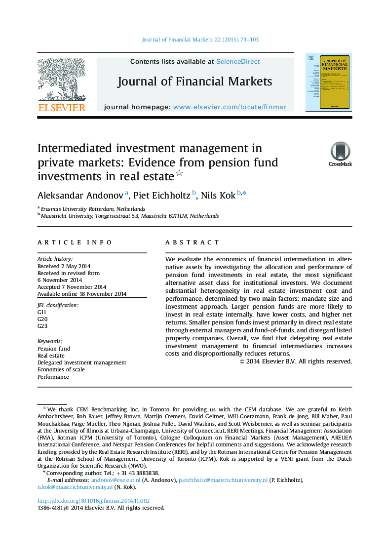 مدیریت سرمایه گذاری در بازارهای خصوصی: شواهدی از سرمایه گذاری صندوق بازنشستگی در املاک و مستغلات 