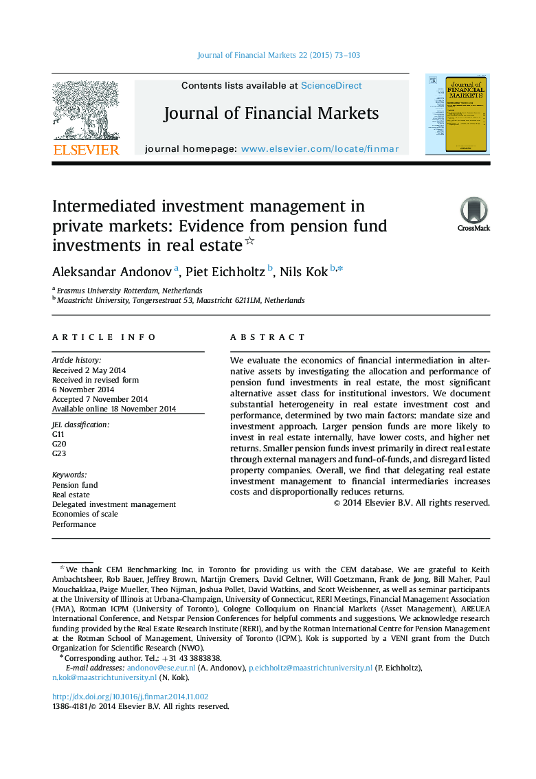 Intermediated investment management in private markets: Evidence from pension fund investments in real estate