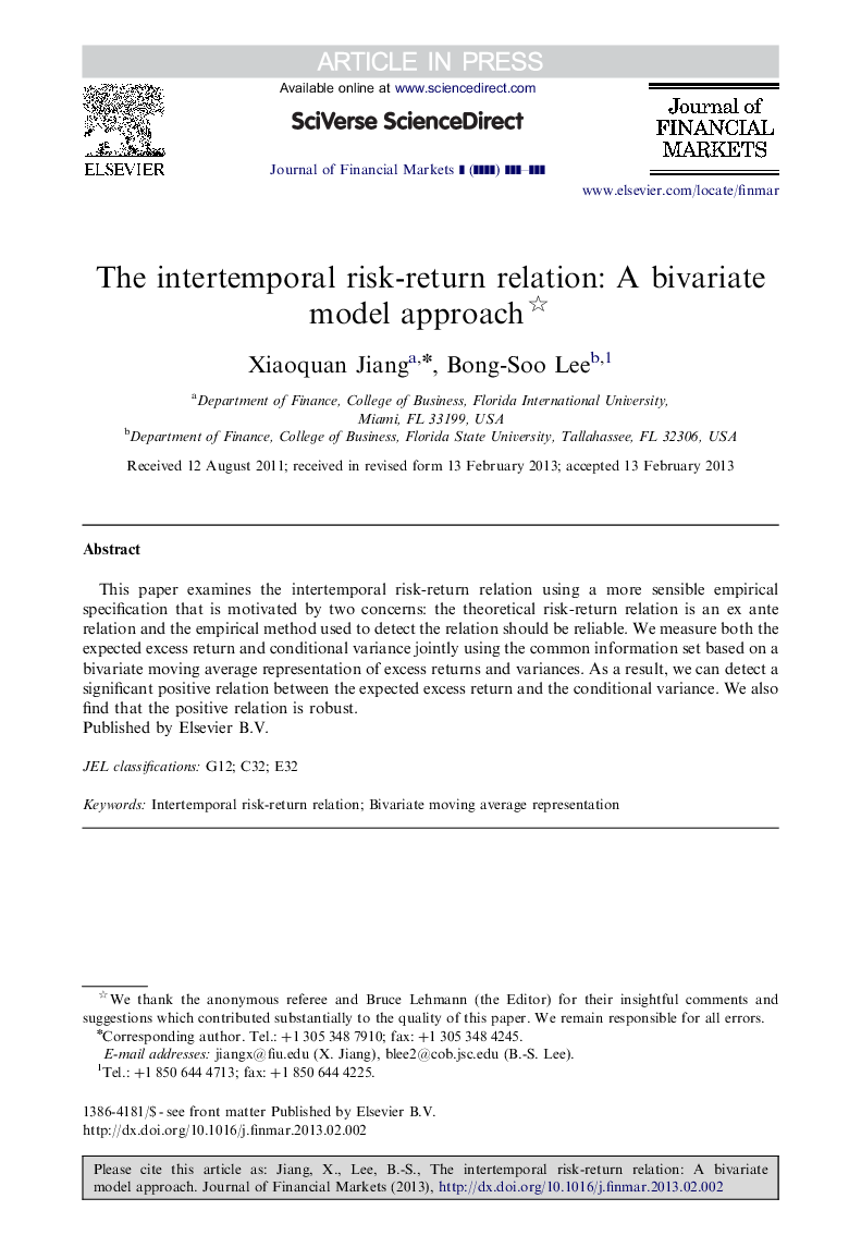 The intertemporal risk-return relation: A bivariate model approach