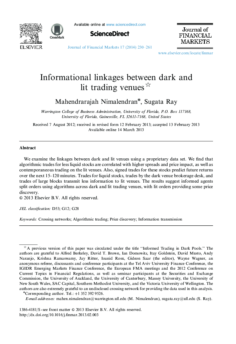 Informational linkages between dark and lit trading venues