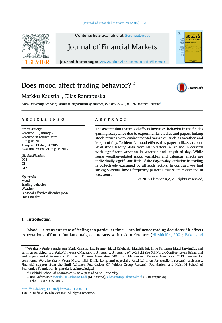 Does mood affect trading behavior?