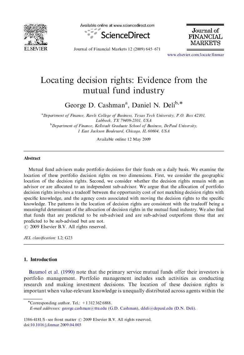 Locating decision rights: Evidence from the mutual fund industry