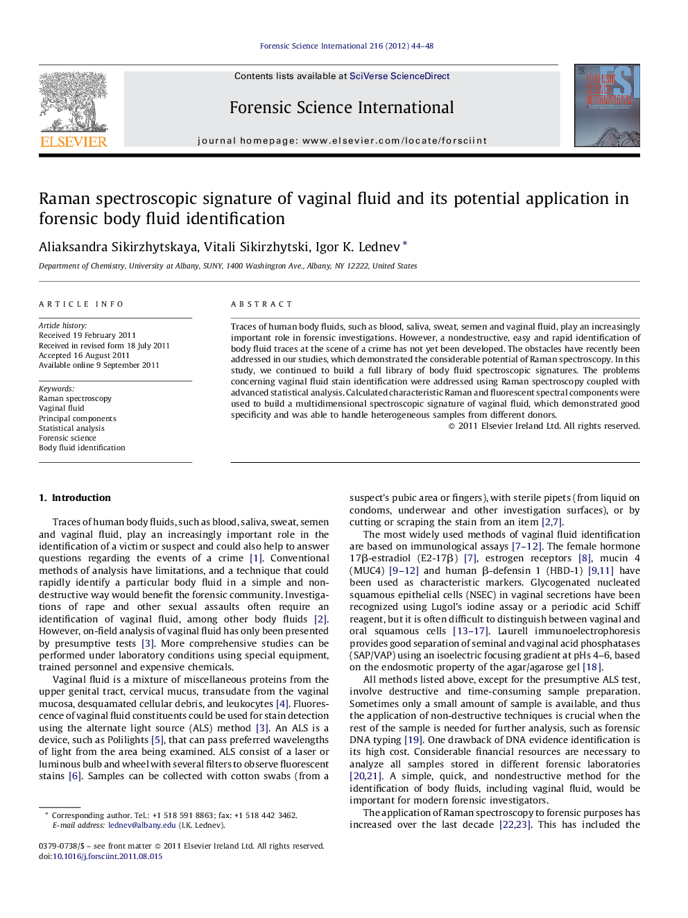 Raman spectroscopic signature of vaginal fluid and its potential application in forensic body fluid identification