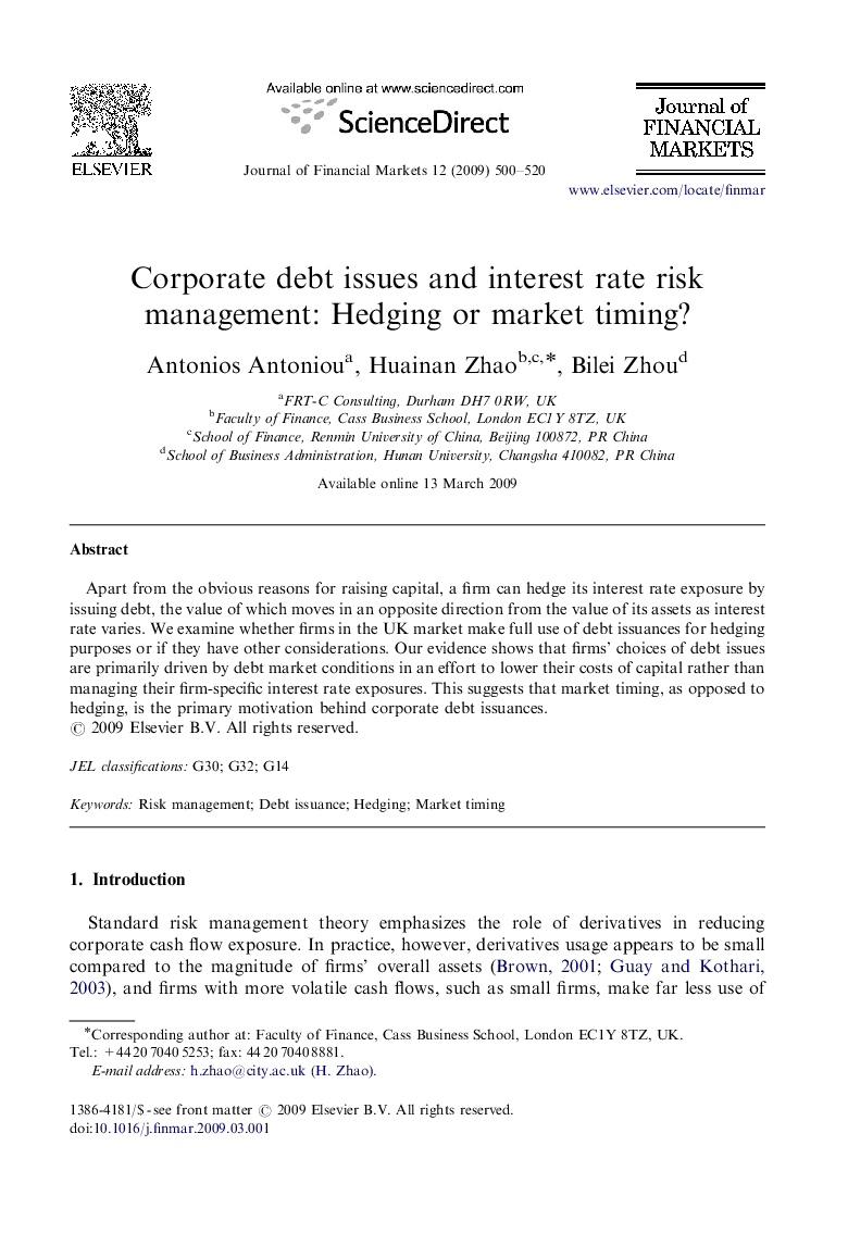 Corporate debt issues and interest rate risk management: Hedging or market timing?