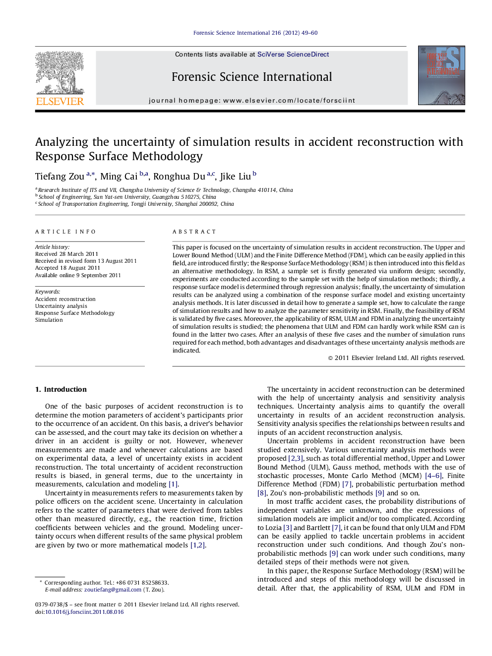 Analyzing the uncertainty of simulation results in accident reconstruction with Response Surface Methodology