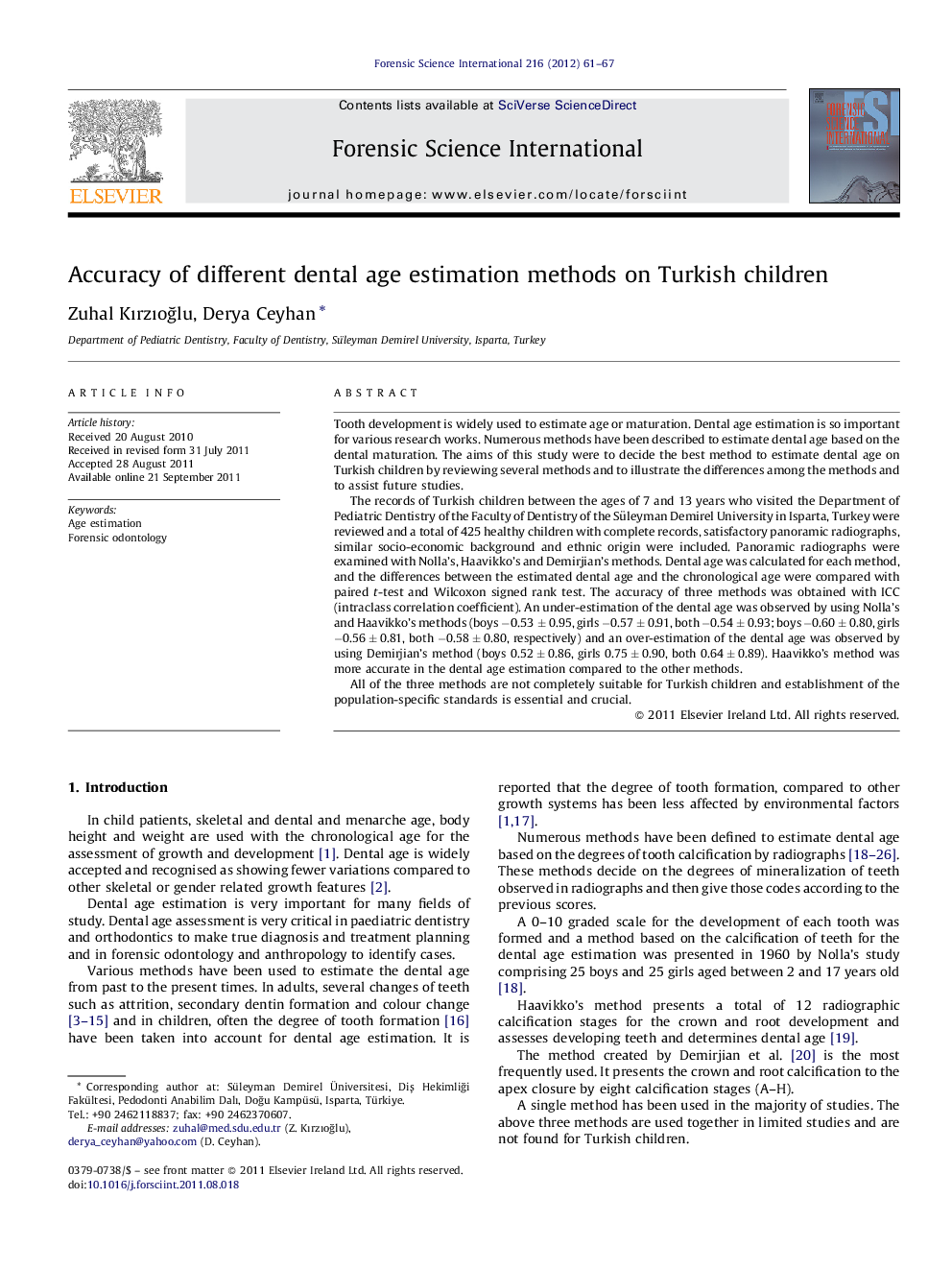 عکس صفحه اول مقاله: Accuracy of different dental age estimation methods on Turkish children Accuracy of different dental age estimation methods on Turkish children