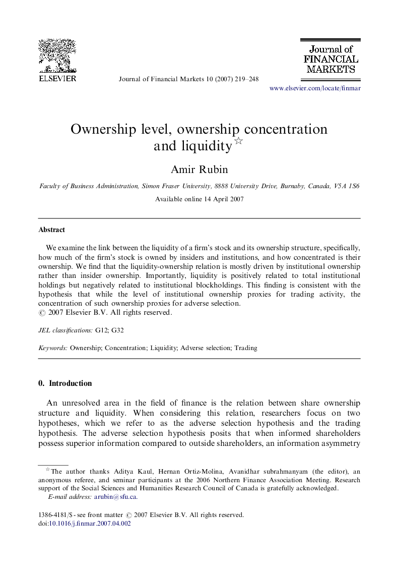 Ownership level, ownership concentration and liquidity