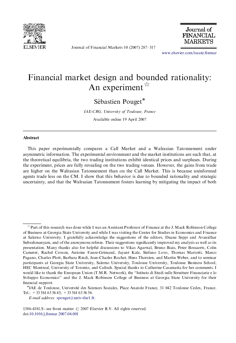 Financial market design and bounded rationality: An experiment