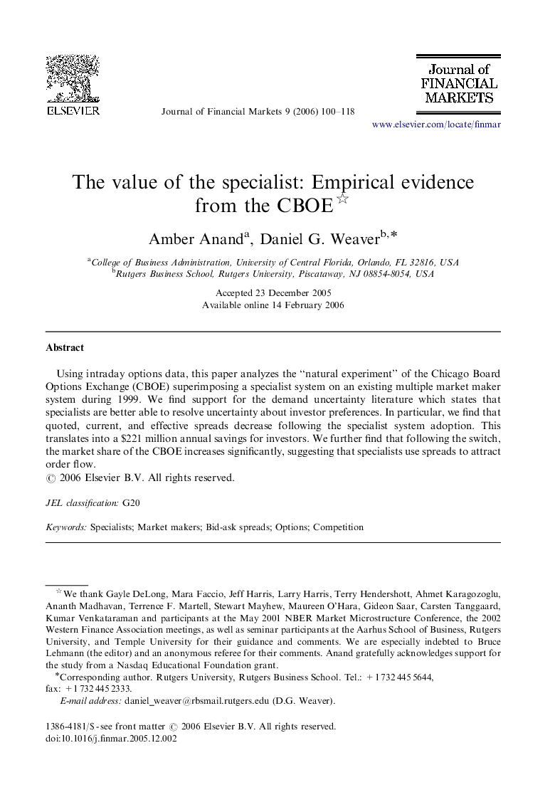 The value of the specialist: Empirical evidence from the CBOE