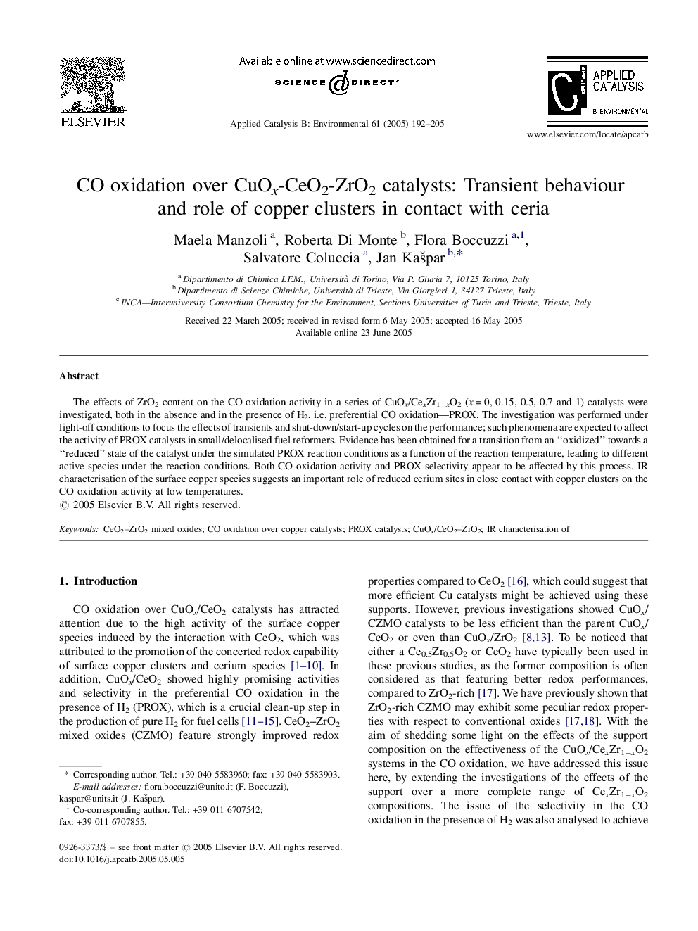 CO oxidation over CuOx-CeO2-ZrO2 catalysts: Transient behaviour and role of copper clusters in contact with ceria