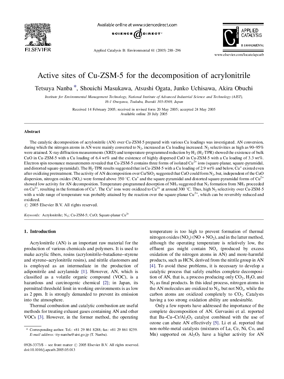 Active sites of Cu-ZSM-5 for the decomposition of acrylonitrile