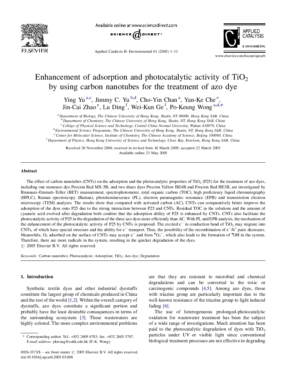 Enhancement of adsorption and photocatalytic activity of TiO2 by using carbon nanotubes for the treatment of azo dye