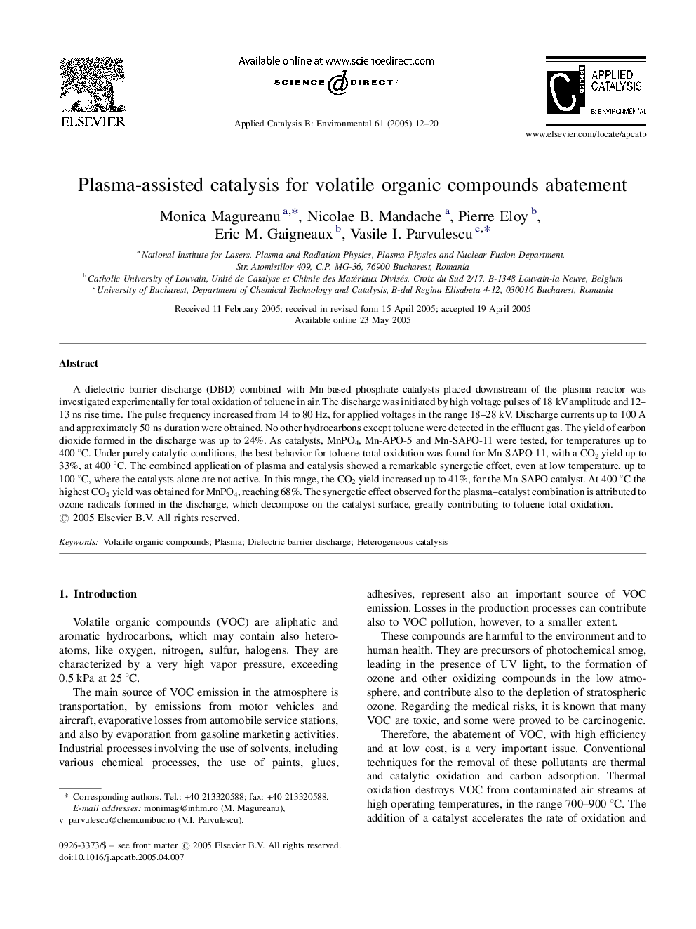 عکس صفحه اول مقاله: Plasma-assisted catalysis for volatile organic compounds abatement Plasma-assisted catalysis for volatile organic compounds abatement