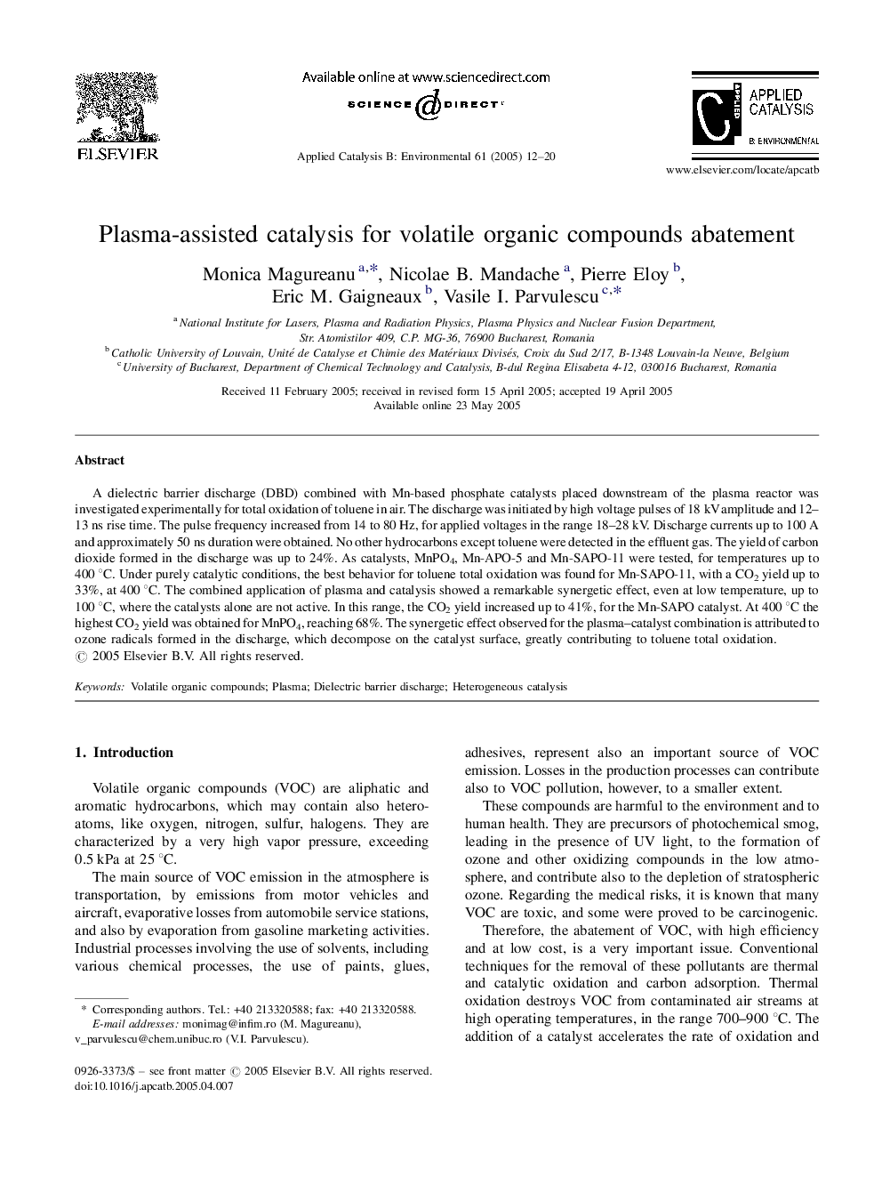 Plasma-assisted catalysis for volatile organic compounds abatement