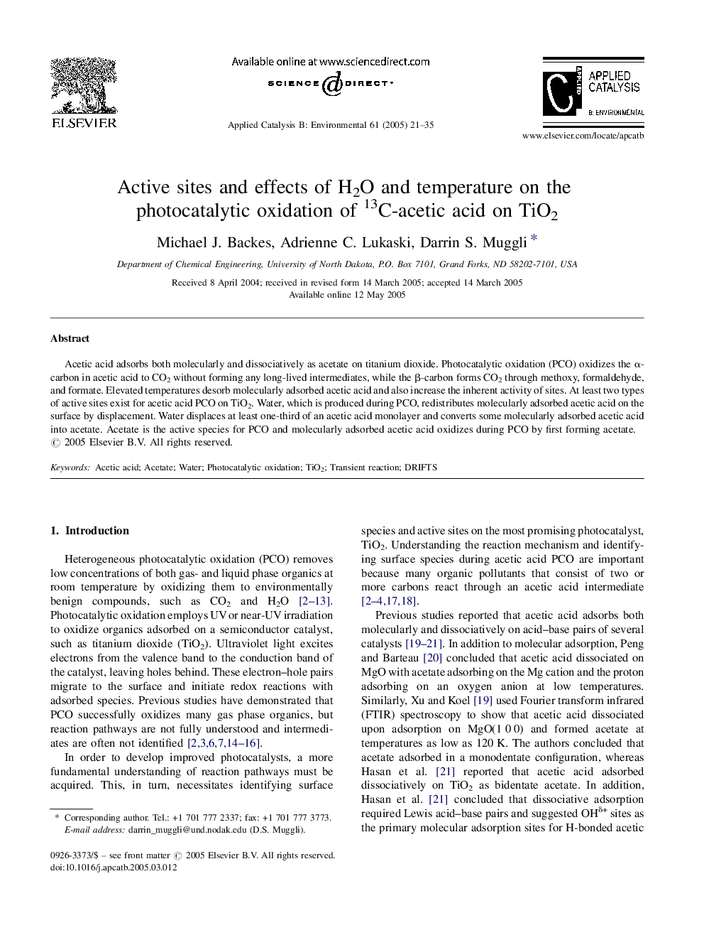 Active sites and effects of H2O and temperature on the photocatalytic oxidation of 13C-acetic acid on TiO2