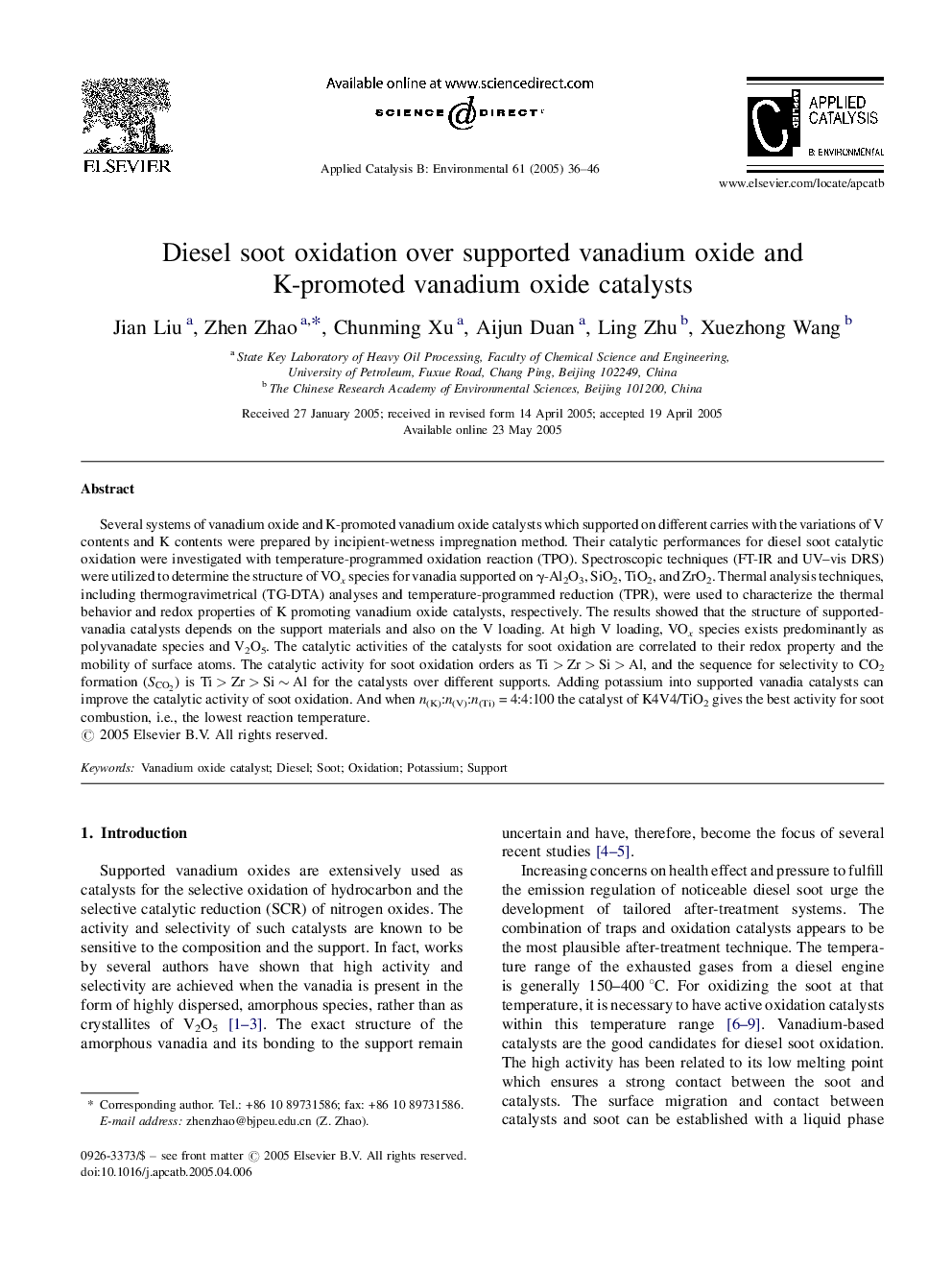 Diesel soot oxidation over supported vanadium oxide and K-promoted vanadium oxide catalysts
