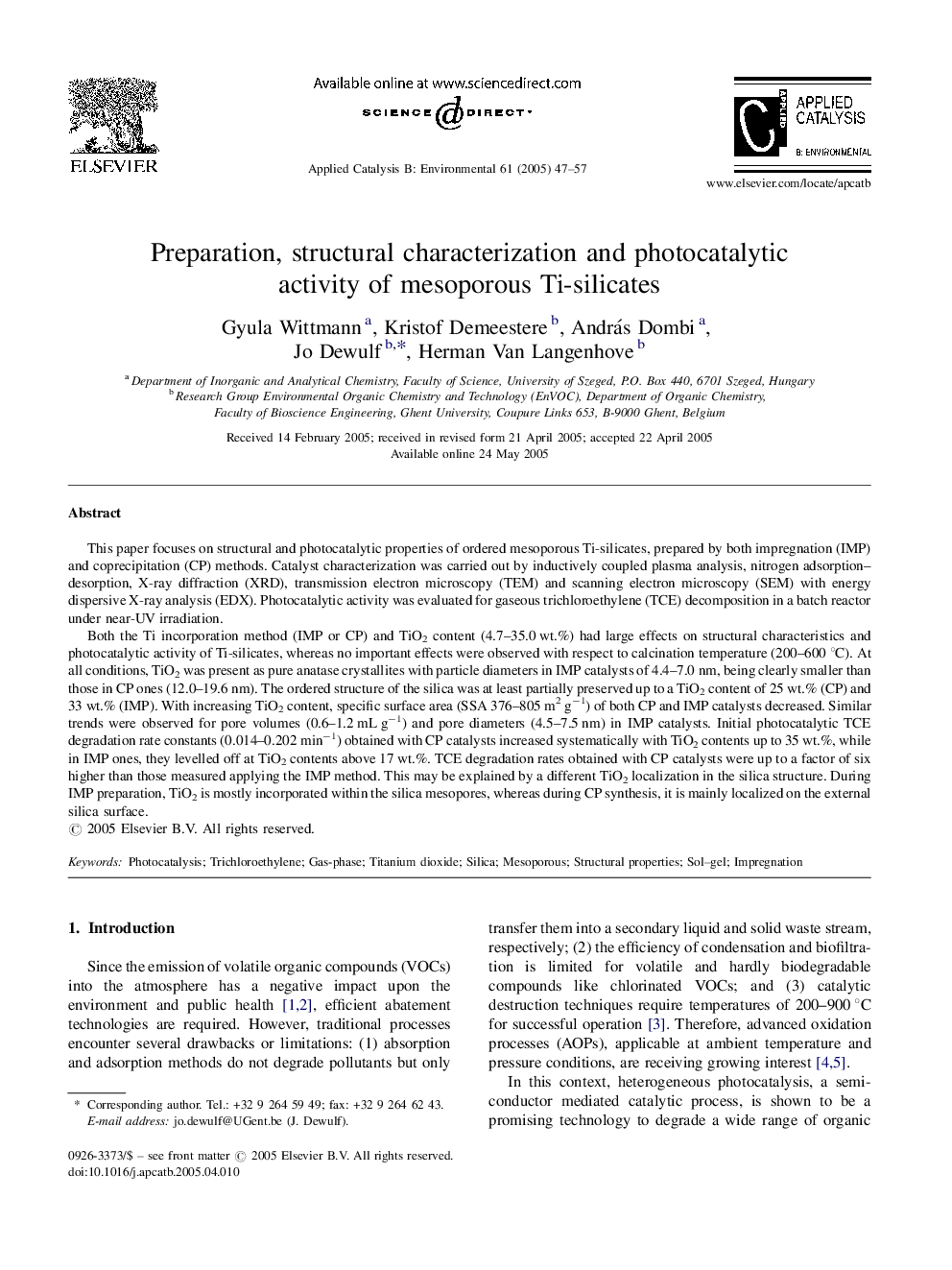 Preparation, structural characterization and photocatalytic activity of mesoporous Ti-silicates