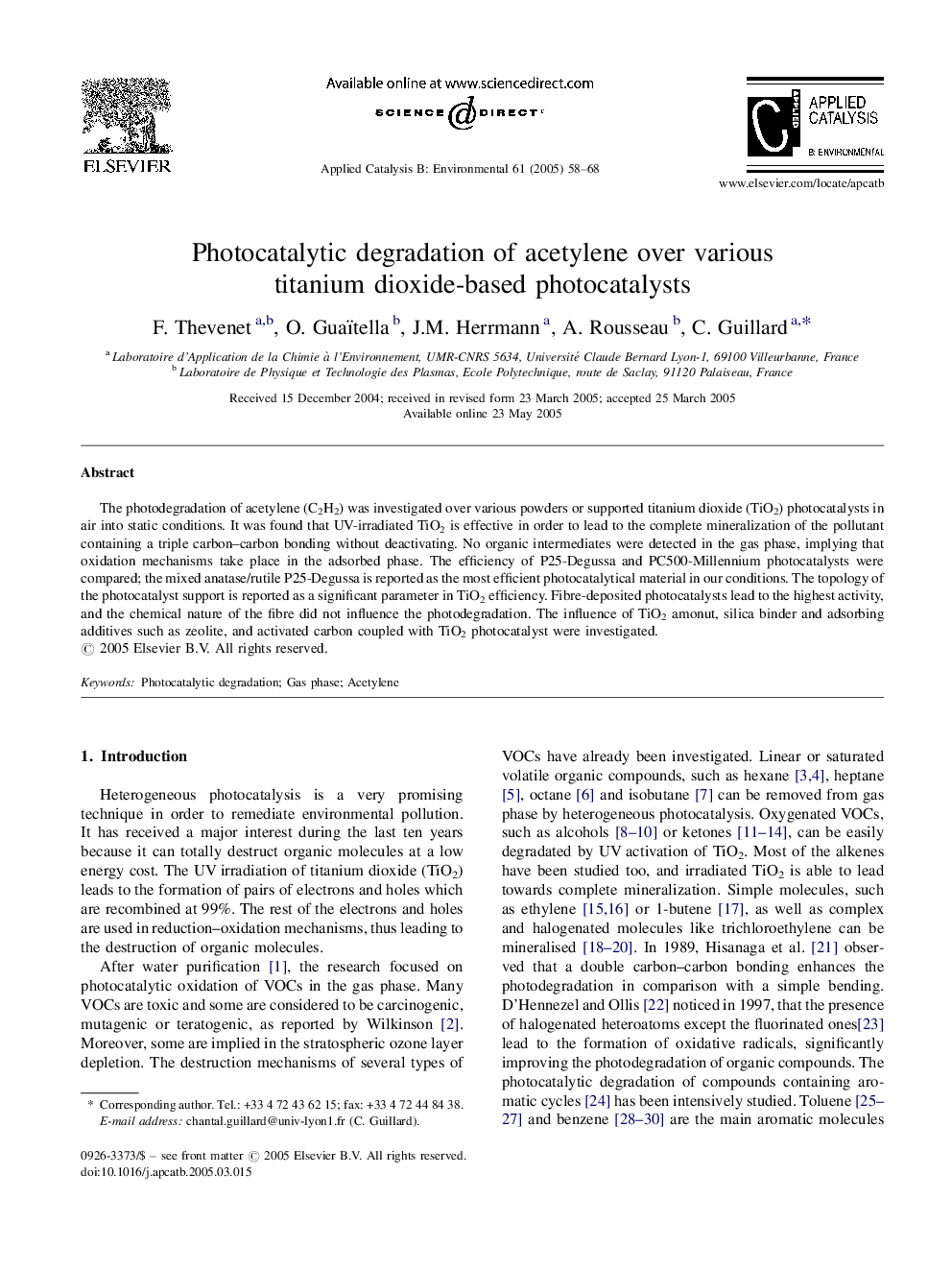 Photocatalytic degradation of acetylene over various titanium dioxide-based photocatalysts