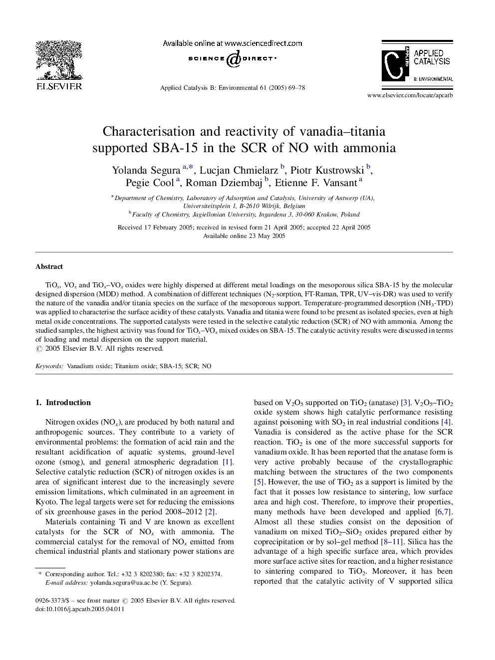 Characterisation and reactivity of vanadia-titania supported SBA-15 in the SCR of NO with ammonia