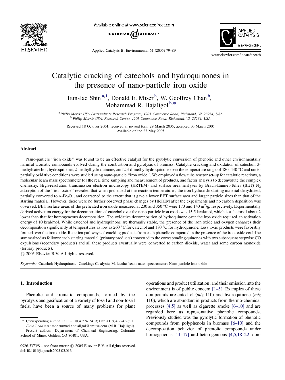 Catalytic cracking of catechols and hydroquinones in the presence of nano-particle iron oxide