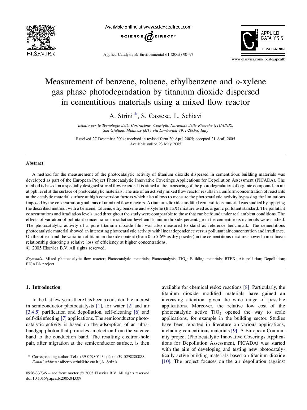 Measurement of benzene, toluene, ethylbenzene and o-xylene gas phase photodegradation by titanium dioxide dispersed in cementitious materials using a mixed flow reactor