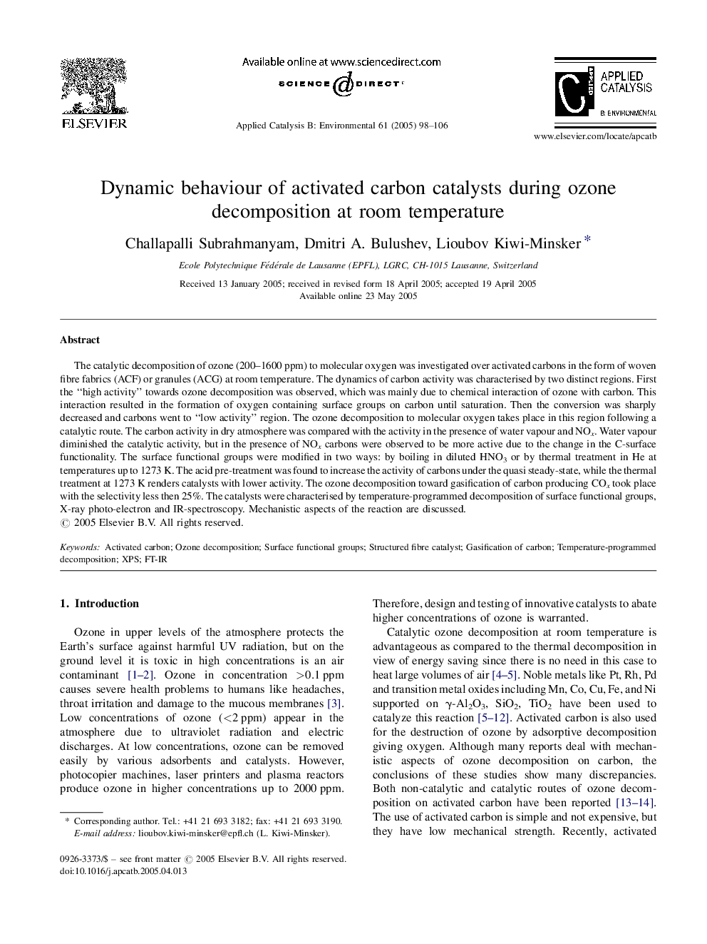 Dynamic behaviour of activated carbon catalysts during ozone decomposition at room temperature