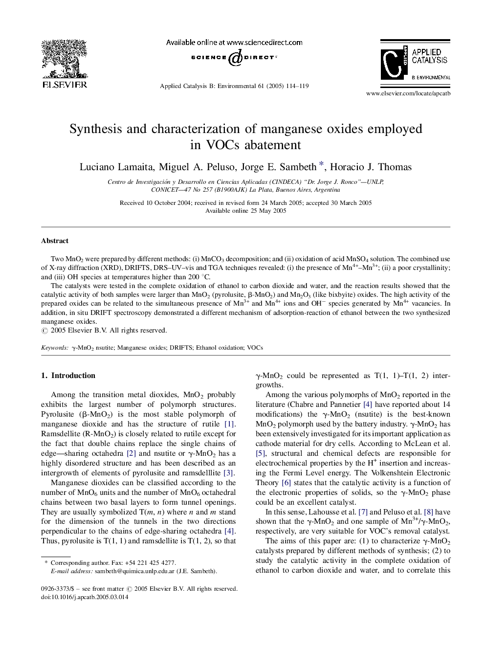 Synthesis and characterization of manganese oxides employed in VOCs abatement