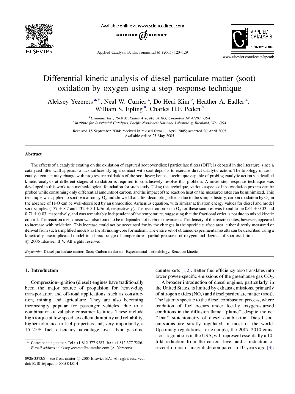 Differential kinetic analysis of diesel particulate matter (soot) oxidation by oxygen using a step-response technique