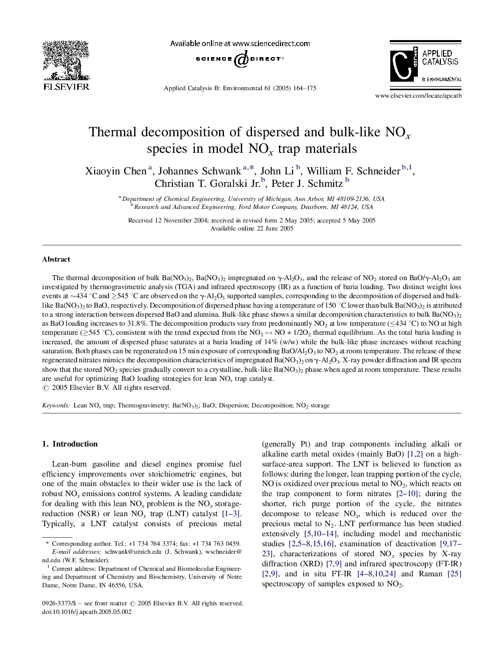 Thermal decomposition of dispersed and bulk-like NOx species in model NOx trap materials