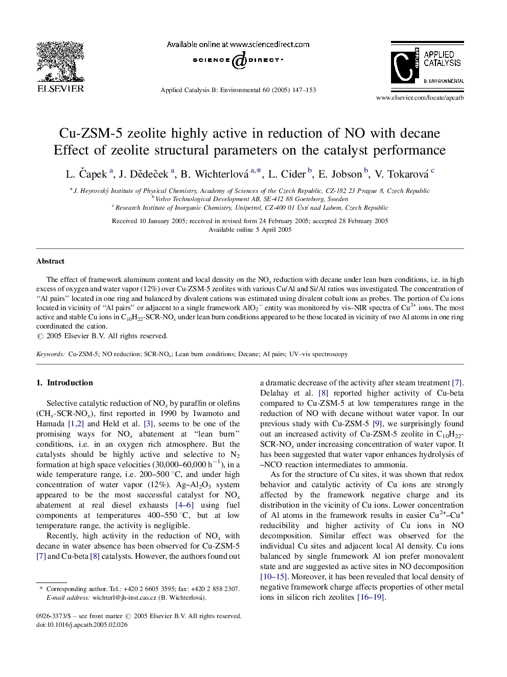 Cu-ZSM-5 zeolite highly active in reduction of NO with decane