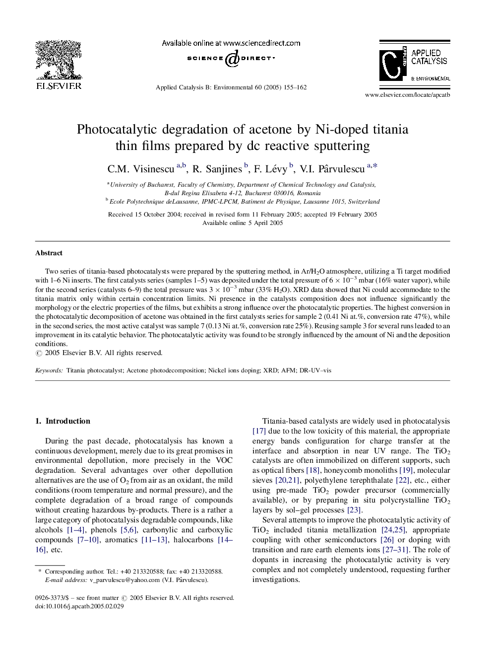 Photocatalytic degradation of acetone by Ni-doped titania thin films prepared by dc reactive sputtering