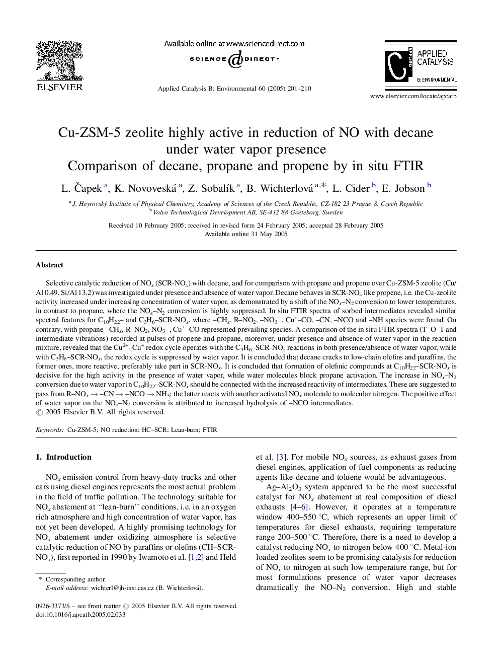 Cu-ZSM-5 zeolite highly active in reduction of NO with decane under water vapor presence