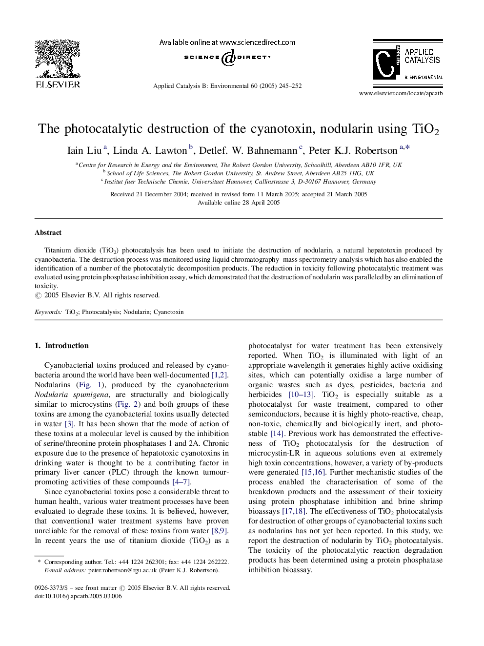 The photocatalytic destruction of the cyanotoxin, nodularin using TiO2