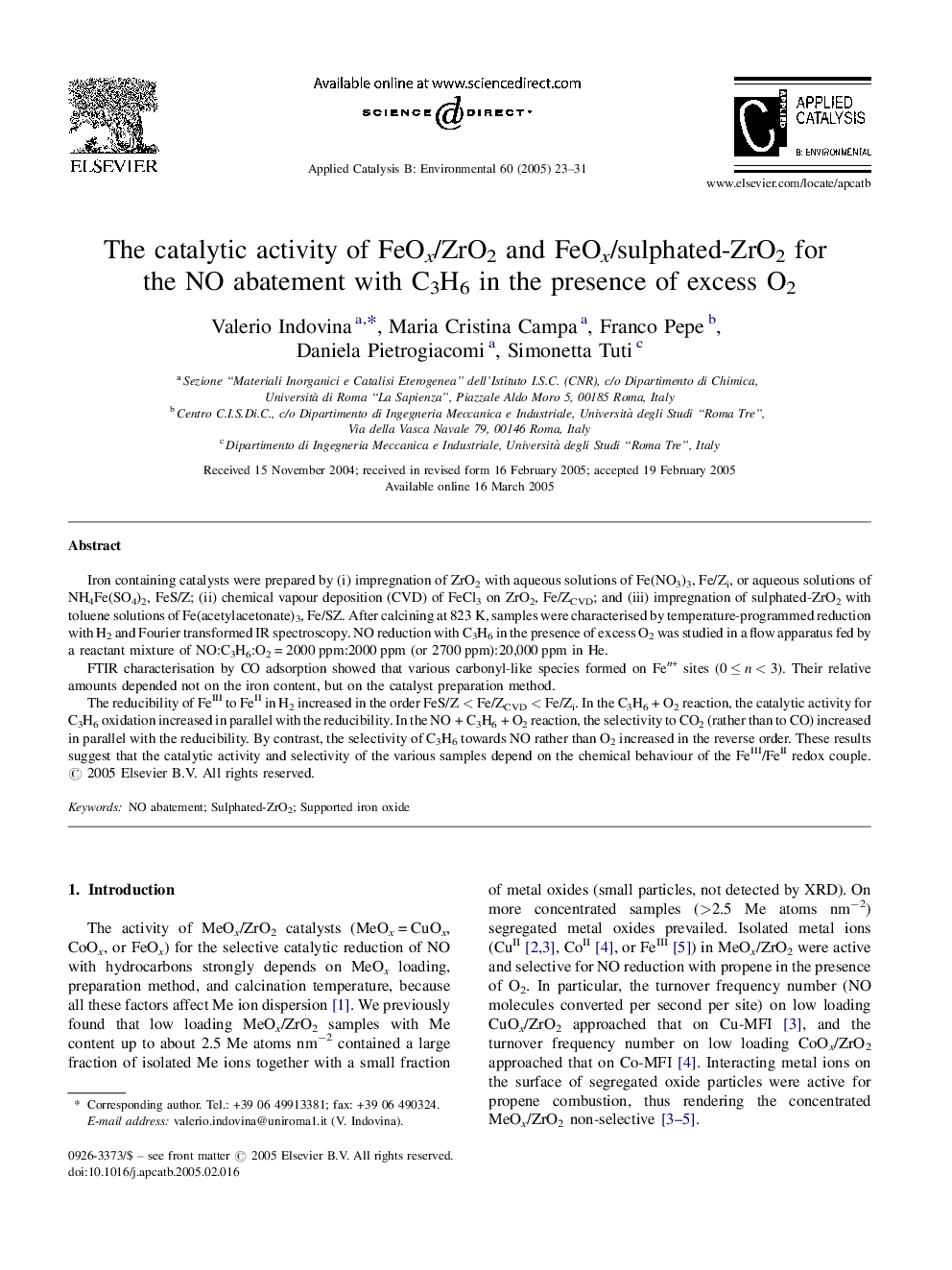 The catalytic activity of FeOx/ZrO2 and FeOx/sulphated-ZrO2 for the NO abatement with C3H6 in the presence of excess O2