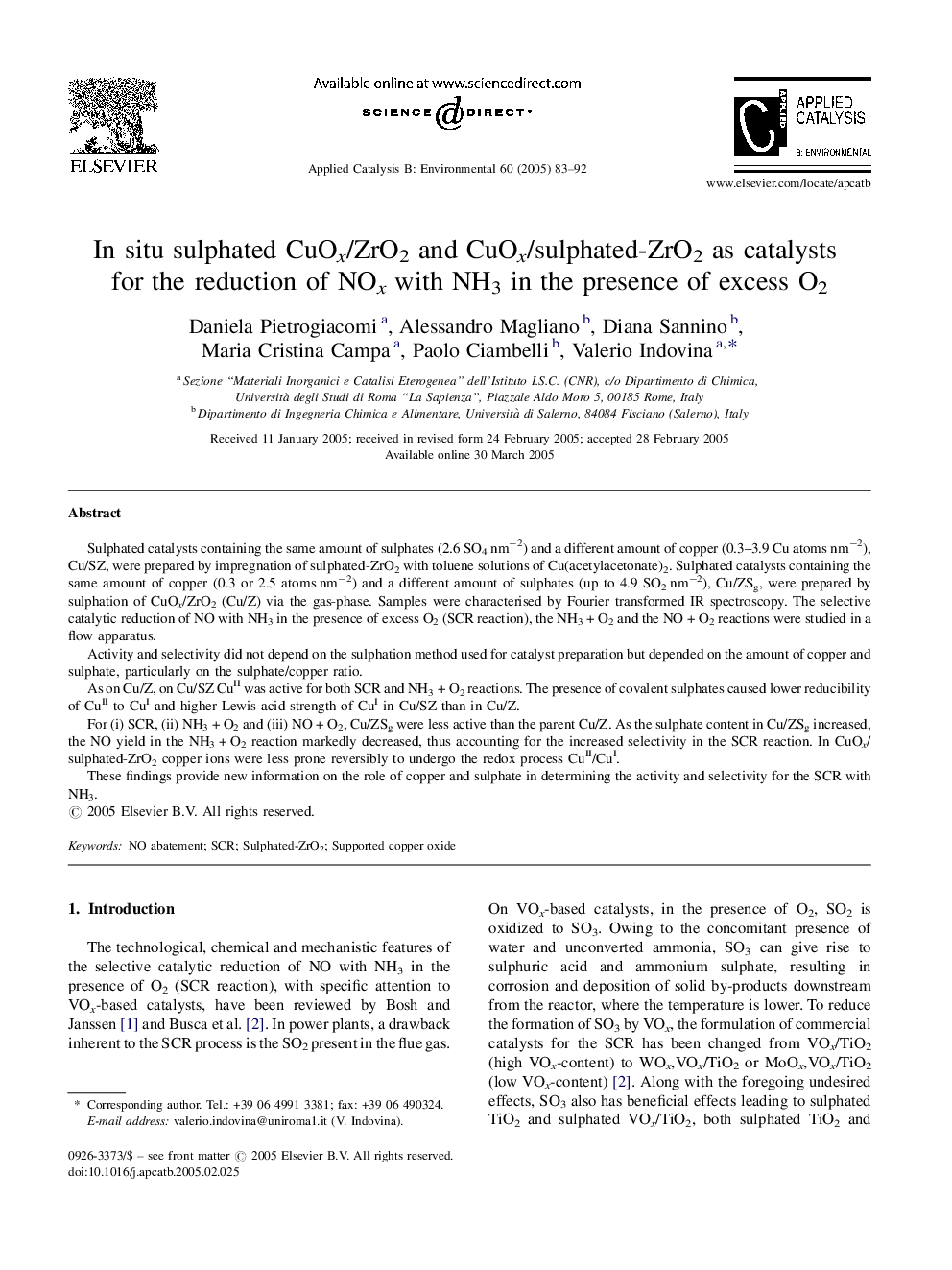 In situ sulphated CuOx/ZrO2 and CuOx/sulphated-ZrO2 as catalysts for the reduction of NOx with NH3 in the presence of excess O2